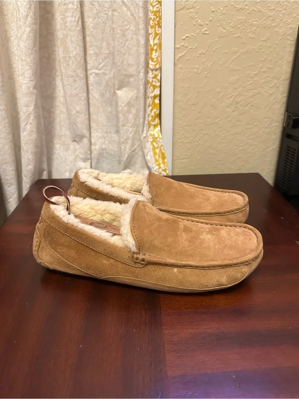 Mens UGG Ascot Tan Brown Suede Lined Slippers Shoes Moccasins Loafers Size 11
